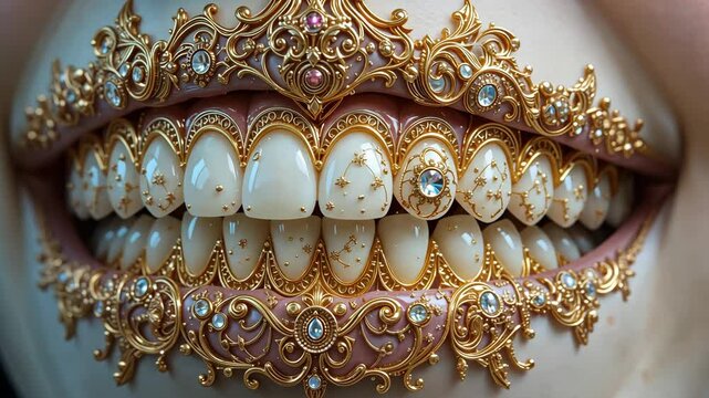 Close-up of luxurious gold and diamond dental grill on teeth with soft light background, concept of hip hop culture and luxury