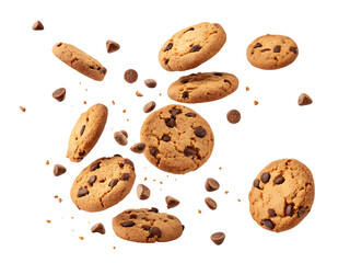 Chocolate chip cookies falling, isolated on transparent background