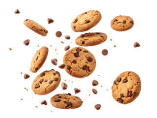 Chocolate chip cookies falling, isolated on transparent background