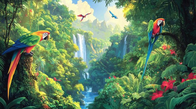 Vibrant parrots perch amidst a lush tropical waterfall.