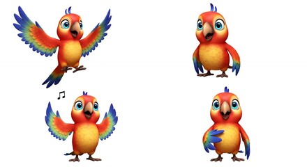 Four cartoon parrots in various poses