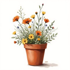 hand sketched of a flower pot filled wildflowers