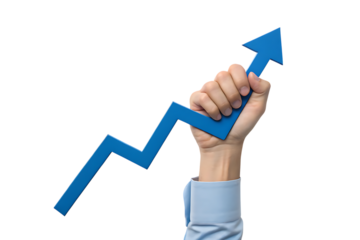 Hand holding blue arrow upward: growth and success concept on transparent background