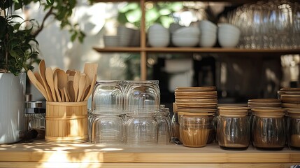 eco-friendly kitchen setup with bamboo and glass items.