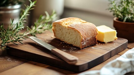 Cutting board with bread and butter knife.