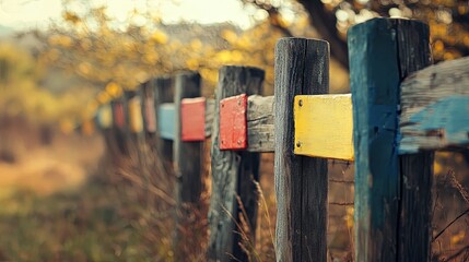 Hand-painted wooden flag signs on country fence.