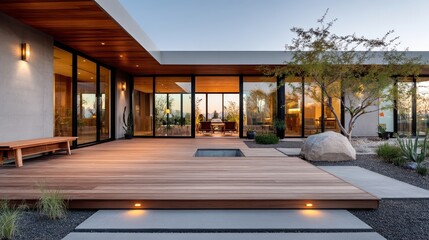 Modern outdoor patio with wooden decking, large glass windows, minimalistic design, and desert landscaping at dusk.