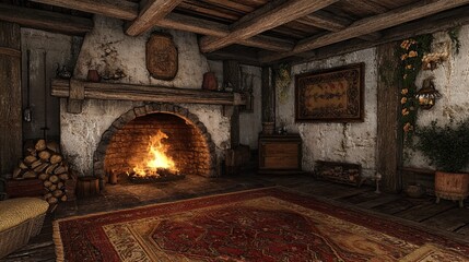 A cozy fireplace with crackling flames and a rustic mantle.