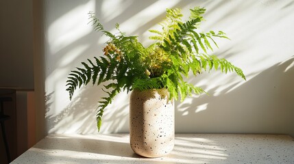 Ferns in tall vase, terrazzo table, daylight streaming in.