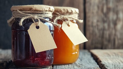 Mason jars with preserves and kraft tags.