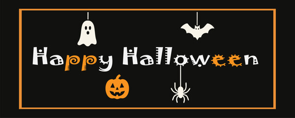 Creative Halloween decorations featuring ghosts, bats, pumpkins, and spiders against a dark background