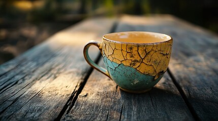 cracked teacup on wooden table, simple life.