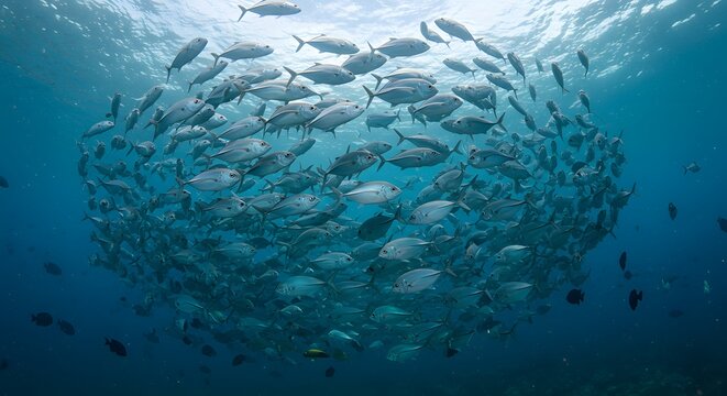 Underwater school of fish forming a dense bait ball in the deep blue ocean. Marine life, natural behavior, and aquatic ecosystem.