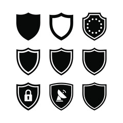 Nine Black Shield Icons with Security and Technology Symbols