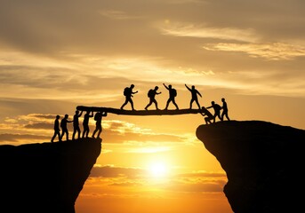 Team bridging gap between cliffs at sunset with teamwork