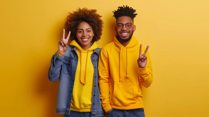 joyful Boy and Girl Posing with two fingers with  Peace Signs and Playful Attitude ,Smiling kids in stylish hoodies showing two fingers to the camera with charm, cuteness, and confidence.

