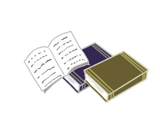 Illustration of a book with open pages and a stack of books