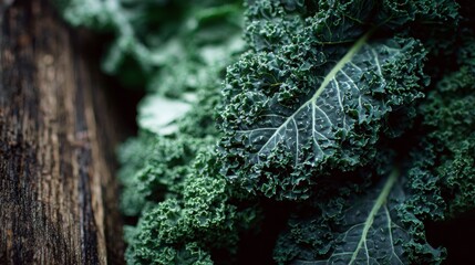 Close-up of curly green kale leaves with textured wooden background and natural sunlight creating depth and rich color contrast