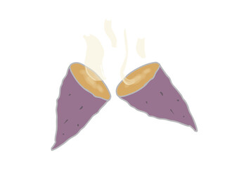 Illustration of a steaming sweet potato being cut in half