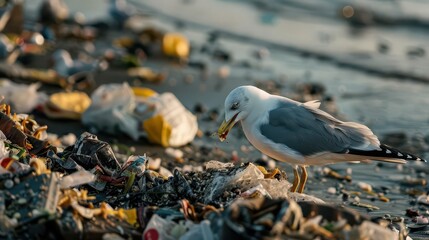 A seagull scavenges among beach litter, highlighting environmental pollution.