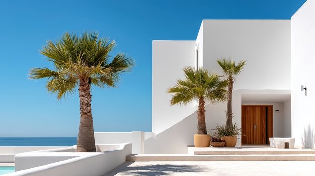 Modern white building with wooden door, surrounded by potted palm trees, under a clear blue sky by the sea.