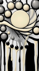 Abstract black, white, and beige geometric design featuring spheres, flowing lines, and intricate patterns with a modern, artistic aesthetic and visual depth
