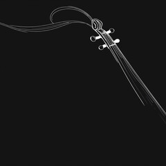 Minimalist black and white illustration of a violin with elegant flowing lines extending from its scroll, set against a solid black background