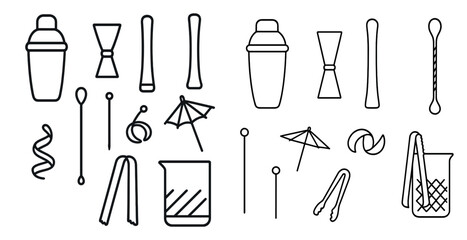 Collection of bar tools and accessories. The image is a collection of various bar tools and accessories, including a shaker, a spoon, a stirrer, a cocktail umbrella, and a cocktail glass