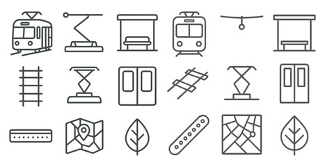 Collection of train and subway icons. The icons include a train, a bus, a subway, a train station, a bus stop, a train platform, a train car, a train car with a bed