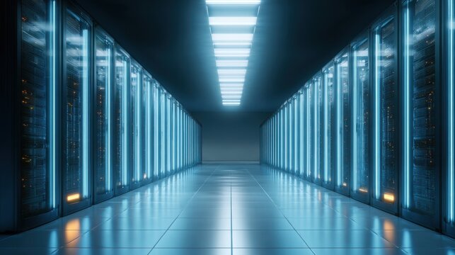 A futuristic data center ambiance featuring rows of powerful server racks accentuated by soft blue lighting creating a vibrant yet serene atmosphere for optimal technological performance.
