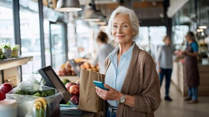 Elegant senior woman using mobile payment at grocery store. Technology meets daily shopping routine. Elderly customer with smartphone makes contactless payment. Confident senior adapts to digital age. - Powered by Adobe