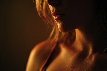 Woman's Face and Shoulders in Warm, Moody Lighting