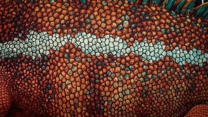 Fototapeta premium Texture of orange brown dinosaur skin scales close-up unique reptile p