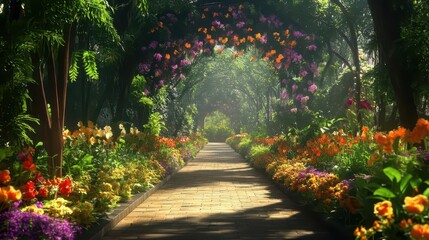 Obraz premium A serene garden path lined with vibrant flowers under a floral archway.