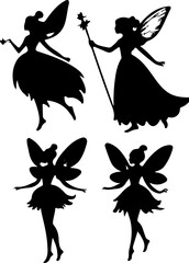 Obraz premium Fairy Silhouette Vector Art Set, Magical Fairy Vector Collection, Elegant Fairy Outline Design, Flying Fairy Silhouette Vector, Fairy with Wand Vector Art, Fantasy Fairy Vector Pack, Dancing Fairy Sil