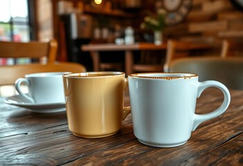 Fototapeta premium Close-up of two mugs on a rustic wooden cafe table during a coffee break, workplace, discussion