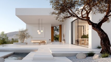 Modern minimalist house with clean lines, large windows, and a serene outdoor terrace featuring a tree and mountain views.
