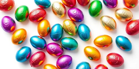 Fototapeta premium Colorful foil-wrapped chocolate Easter eggs arranged on a pristine white background, rabbit, close-up