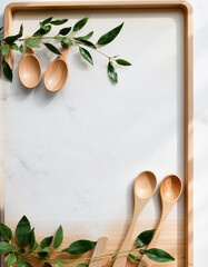 Minimalist kitchen setup with wooden utensils and green foliage arranged on a white background