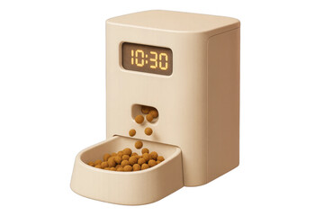 Automated pet feeder dispensing kibble into a bowl at 10:30, designed for modern pet care and convenience. This smart technology simplifies daily feeding routines for pets.