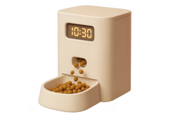 Automated pet feeder dispensing kibble into a bowl at 10:30, designed for modern pet care and convenience. This smart technology simplifies daily feeding routines for pets.