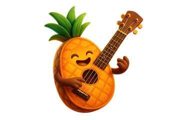 Cheerful cartoon pineapple character happily strums a ukulele, radiating tropical joy and musical vibes in a vibrant 3D illustration.