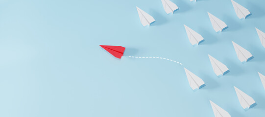 Red paper plane flying in different direction from white planes on blue background. Concept of leadership, innovation, thinking differently, and standing out.