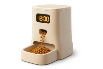 Modern automatic pet feeder dispensing dry kibble into a bowl, with a digital clock displaying 12:00. This smart home appliance offers convenience and scheduled feeding solutions for pet owners.