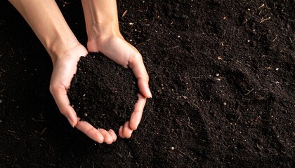 Farmer holding soil in hands agricultural field close-up photography natural environment human perspective emphasizing soil health and sustainability
