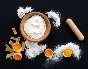 A Baking Scene with Flour, Eggs, and a Rolling Pin on a Dark Surface