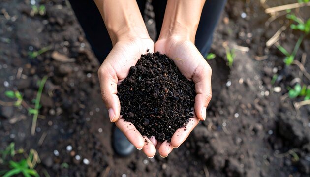 Close up farmer holding soil in hands agricultural field photography outdoor environment ground level perspective soil health and sustainability - Powered by Adobe