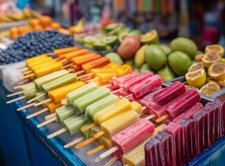 Close up of colorful fruit popsicles and fresh fruit displayed at an outdoor market stand stall