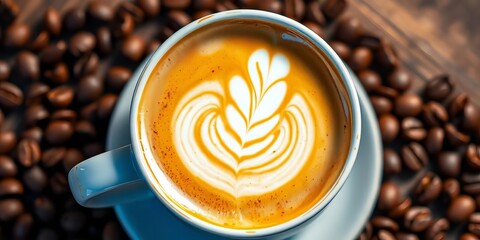 Opalescent beige coffee crema, gold latte art, ceramic cup, coffee beans,  coffee shop,  detail