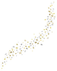 Gold and silver stars arranged in a flowing line.　流線的に並んだ金と銀の星。　装飾的　デコレーション